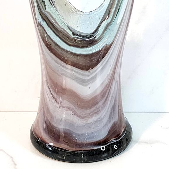 Vintage Hand-Blown Art Glass Basket Vase Swirl Purple Gray Stretched Handle - Picture 3 of 10